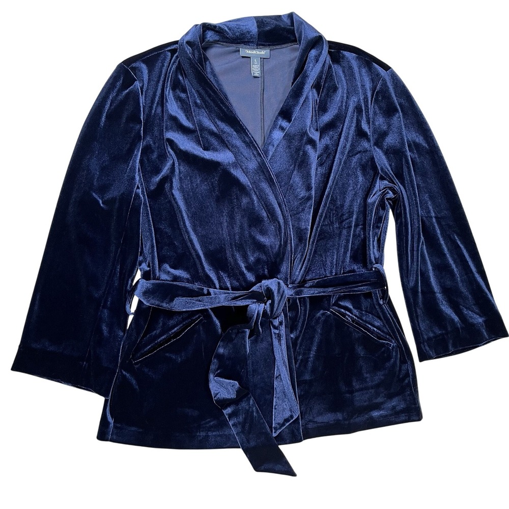 ModCloth Women's Blue Velour Belted Blazer Sz L Pockets Draped Wrap Office Party